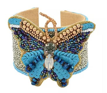 Turquoise and Blue Seed Beaded Butterfly Cuff Boho Bracelet in Gold tone