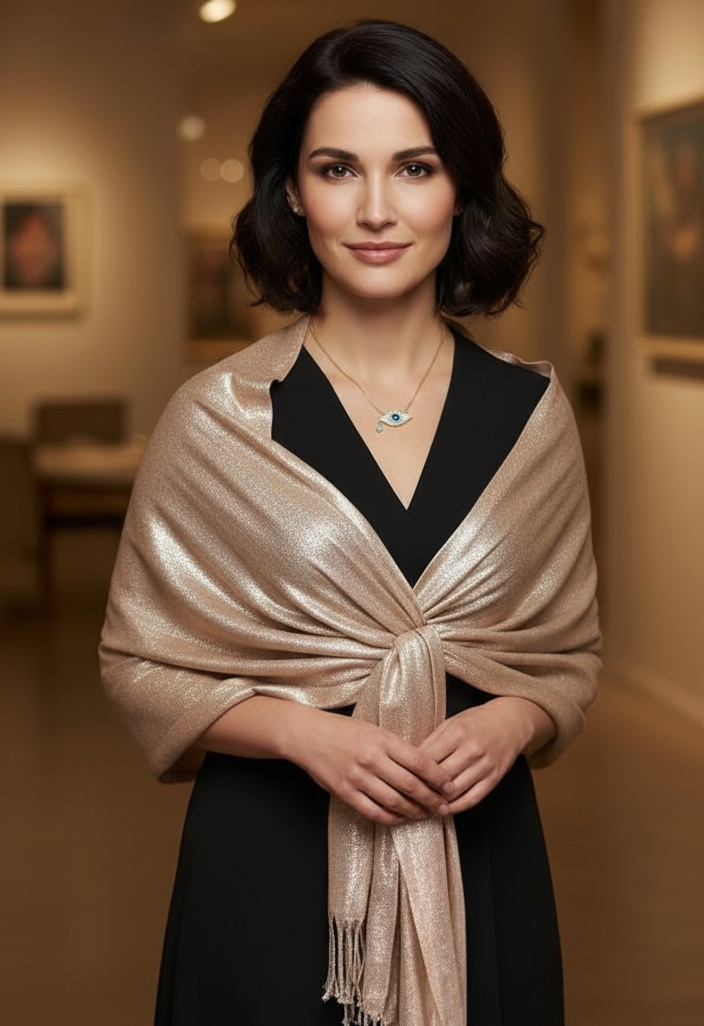 Women's Champagne Colored Shimmery Pashmina Shawl Wrap Holiday Gift