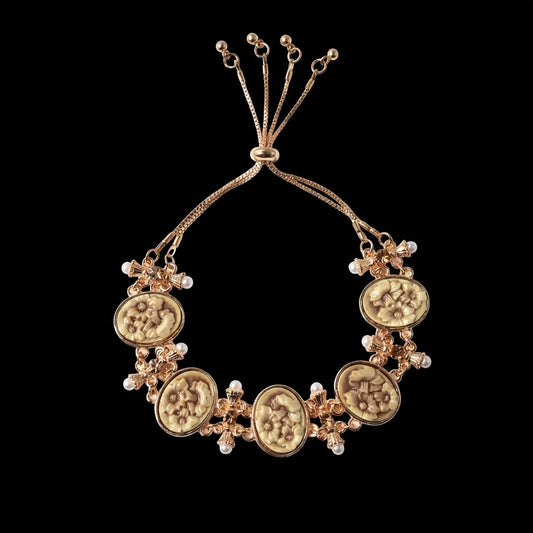 Champagne Resin Flowers and Austrian Crystals with Simulated Pearl Adjustable Vintage Bracelet