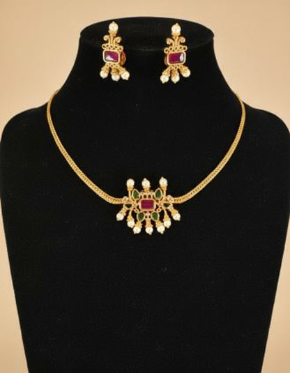 Classic Red and Green Stones Gold Plated Choker Style Holiday Necklace with Earrings Set