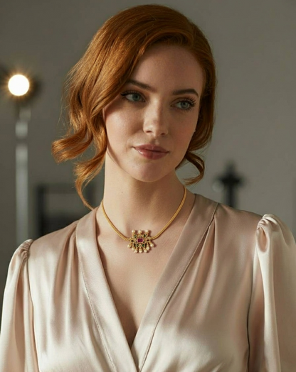 Classic Red and Green Stones Gold Plated Choker Style Holiday Necklace with Earrings Set