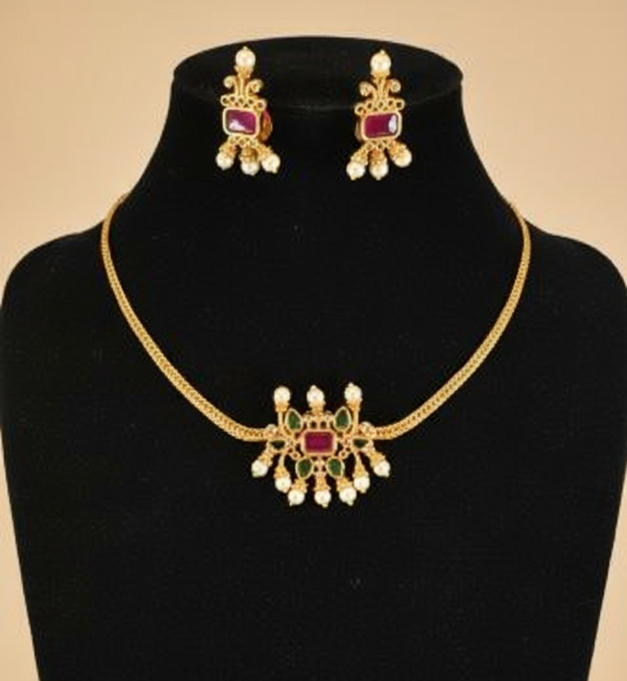 Classic Red and Green Stones Gold Plated Choker Style Holiday Necklace with Earrings Set