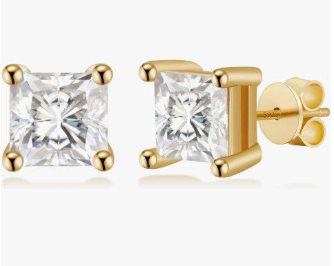 18K Gold Plated Princess Cut Cubic Zirconia Stones set in 925 Sterling Silver Stud Earrings