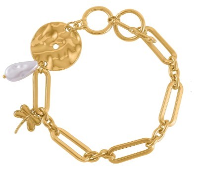 Dragonfly with Simulated Pearl Paper Clip Chain Toggle Clasp Adjustable (7.50-8.50In) Bracelet in Gold Tone