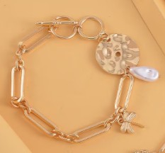 Dragonfly with Simulated Pearl Paper Clip Chain Toggle Clasp Adjustable (7.50-8.50In) Bracelet in Gold Tone