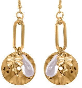 Dragonfly with Faux Pearl Paper Clip Chain Dangle Earrings in Gold tone