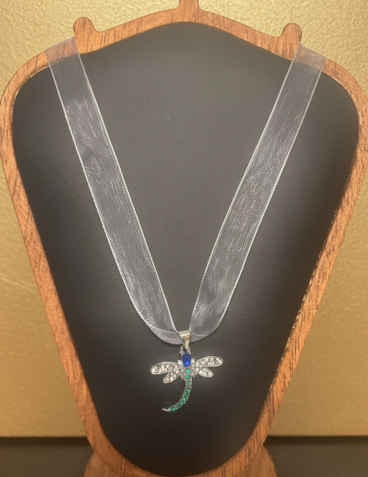 Silver-Gray Ribbon Necklace with Dragonfly Pendant and Multicolor Cubic Zirconia Stones