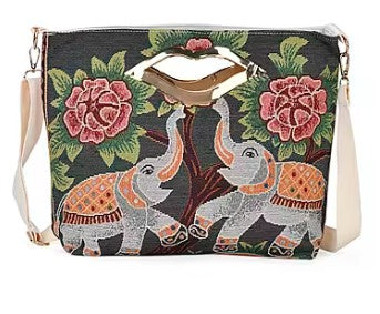 Black Elephant Jacquard Crossbody Bag with Adjustable Shoulder Strap