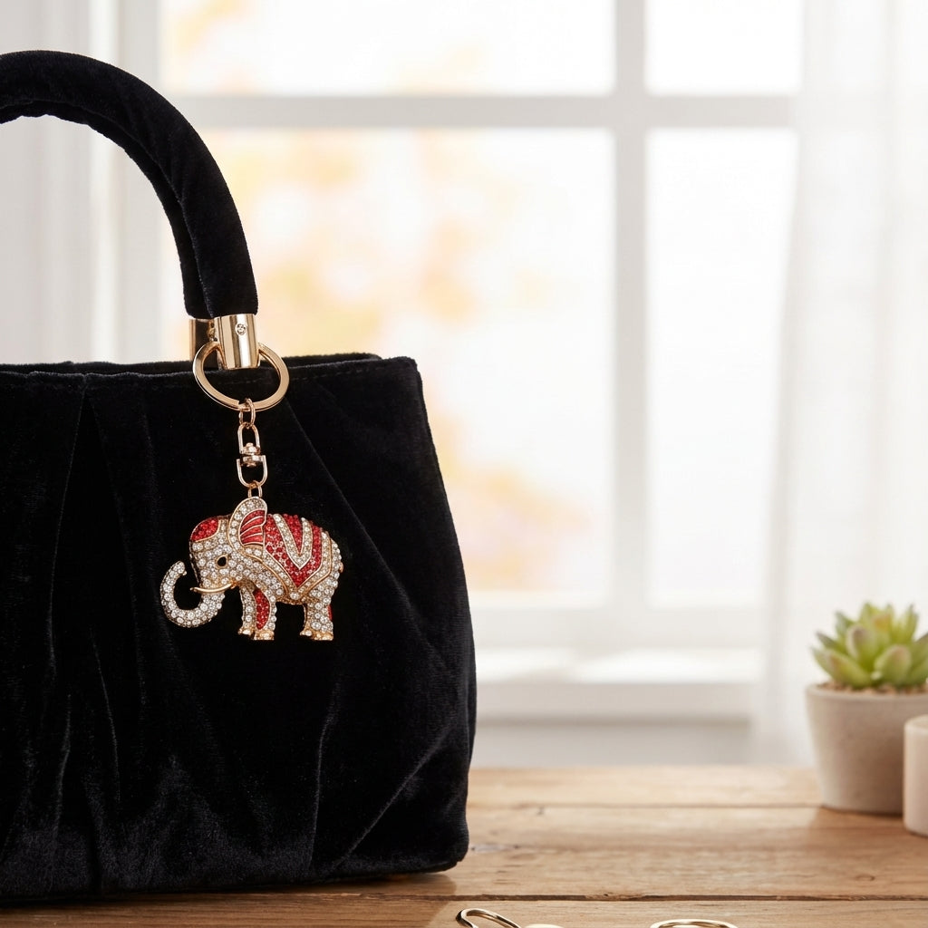 Multi Color Glass and Austrian Crystal Elephant Keychain and Handbag Charm in Goldtone - 3 Style Options