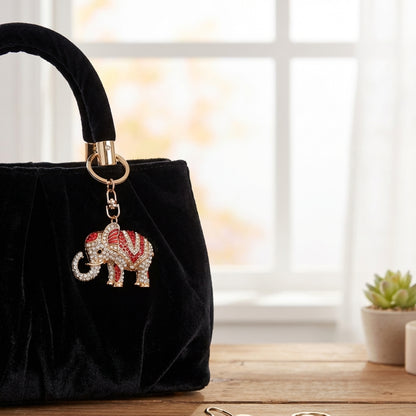 Multi Color Glass and Austrian Crystal Elephant Keychain and Handbag Charm in Goldtone - 3 Style Options