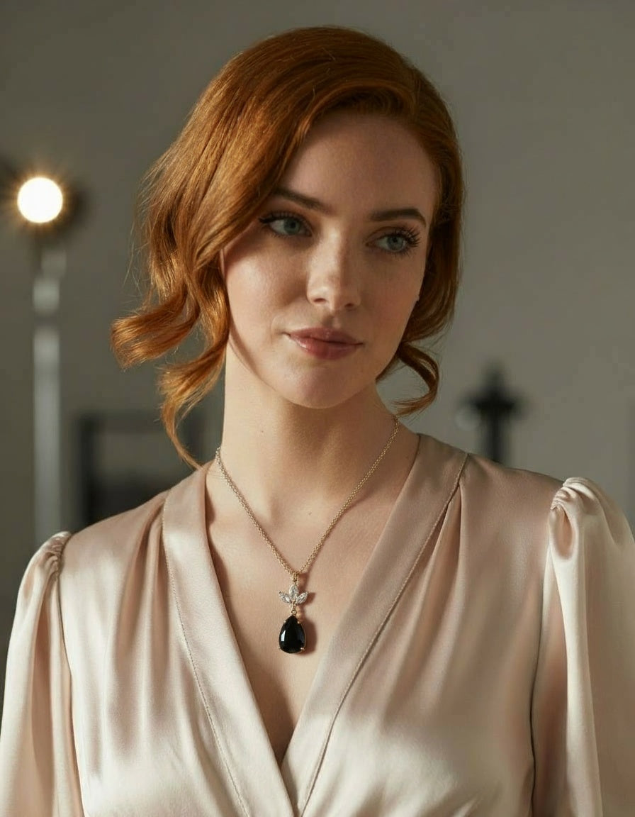 Pear Shaped Simulated Emerald and Cubic Zirconia Gold Plated Victorian Style Necklace