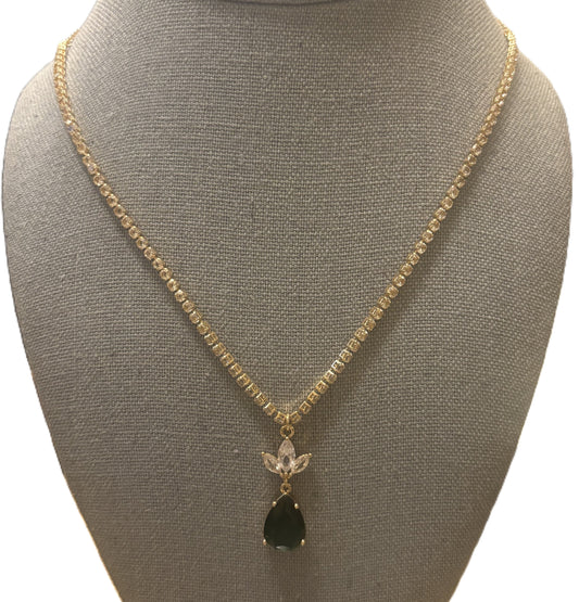 Pear Shaped Simulated Emerald and Cubic Zirconia Gold Plated Victorian Style Necklace