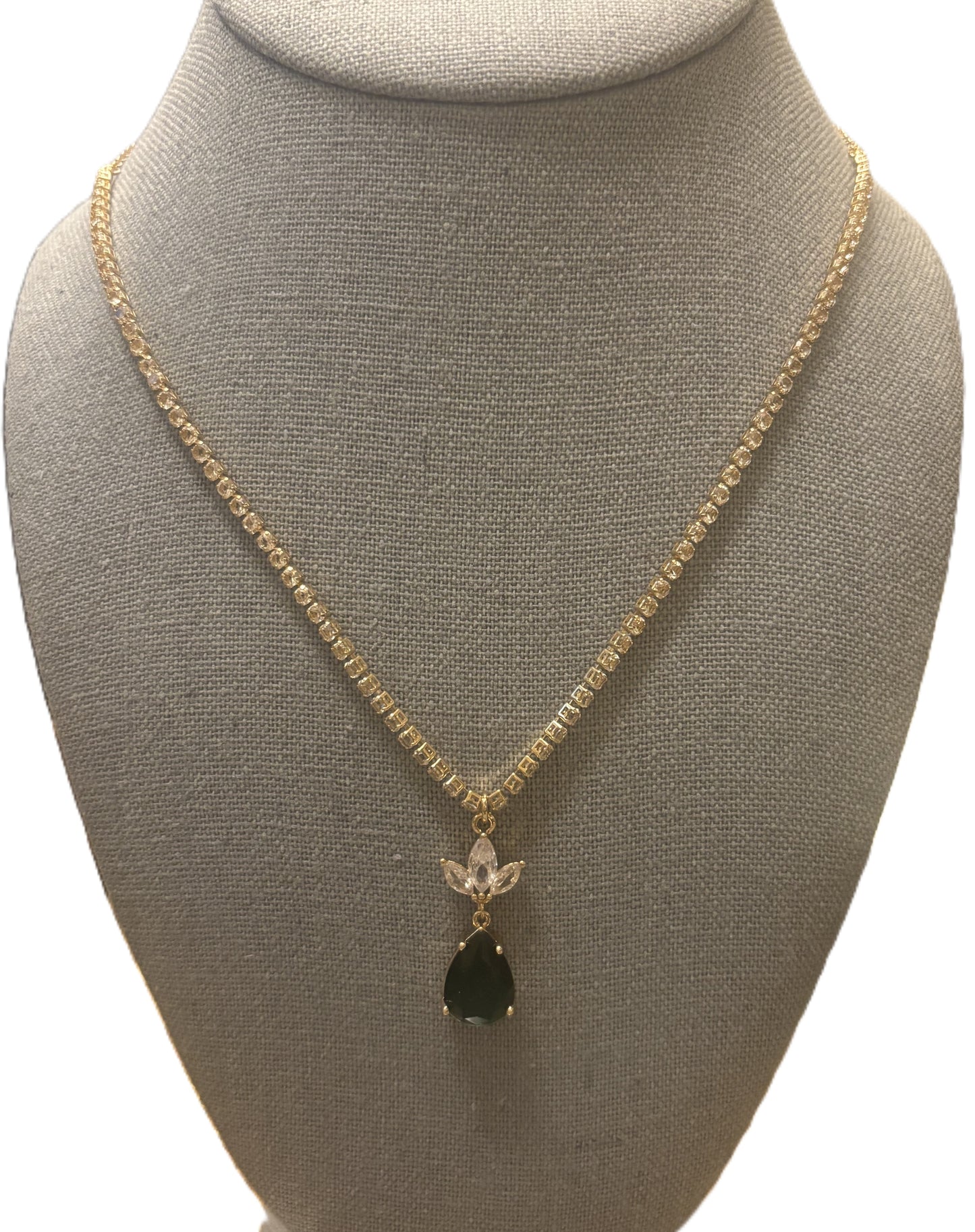Pear Shaped Simulated Emerald and Cubic Zirconia Gold Plated Victorian Style Necklace