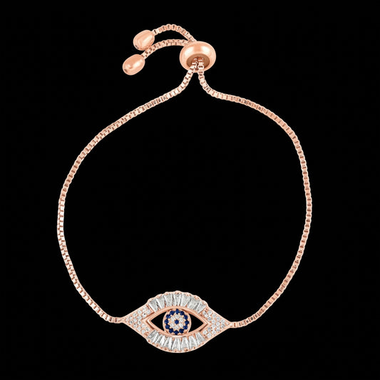 Evil Eye Protection Adjustable Bracelet with Cubic Zirconia in Rose Gold Finish