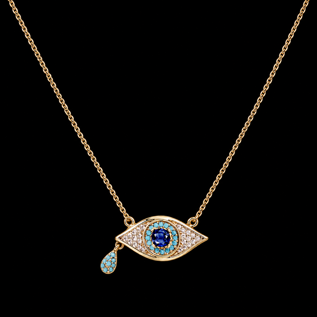 Evil Eye Protection 18" Necklace with Cubic Zirconia and Turquoise - Gold Plated