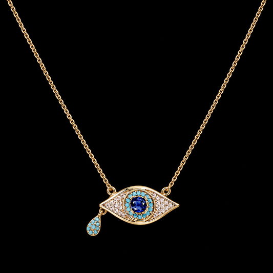 Evil Eye Protection 18" Necklace with Cubic Zirconia and Turquoise - Gold Plated