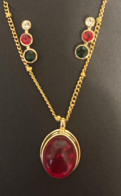 French Court Red Pendant with Gold Beaded Chain Necklace and Three Stone Stud Earrings Holiday Gift Set