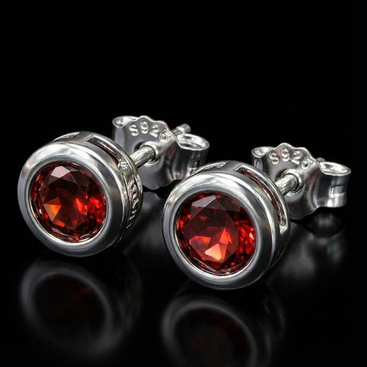 Bezel Set Brilliant Cut Garnet 925 Sterling Silver Earring Studs