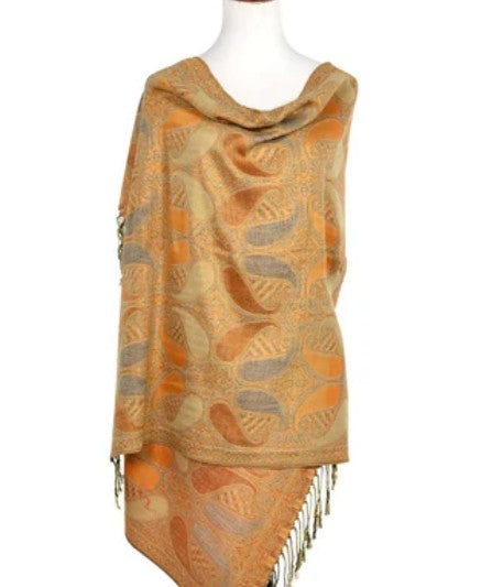 Exquisite Gold Beige Paisley Print Pashmina Shawl Scarf Holiday Gift