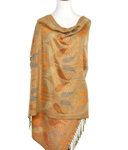 Exquisite Gold Beige Paisley Print Pashmina Shawl Scarf Holiday Gift