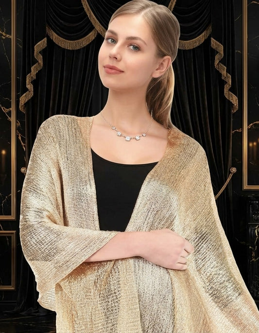 Gold Woven Cocktail Dress Wrap Shawl with Fringe