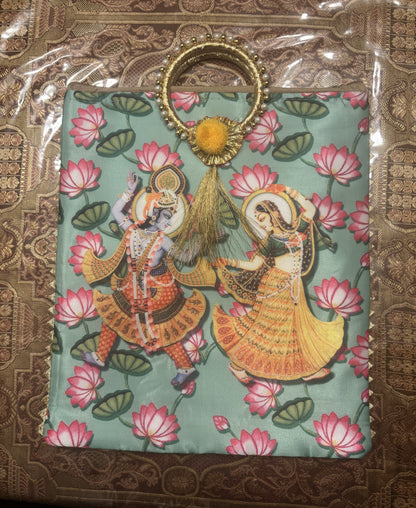 Vrindavan Radha Krishna Eternal Divine Lovers Two-Sided Unique Silk Handbag with Bangle Handle