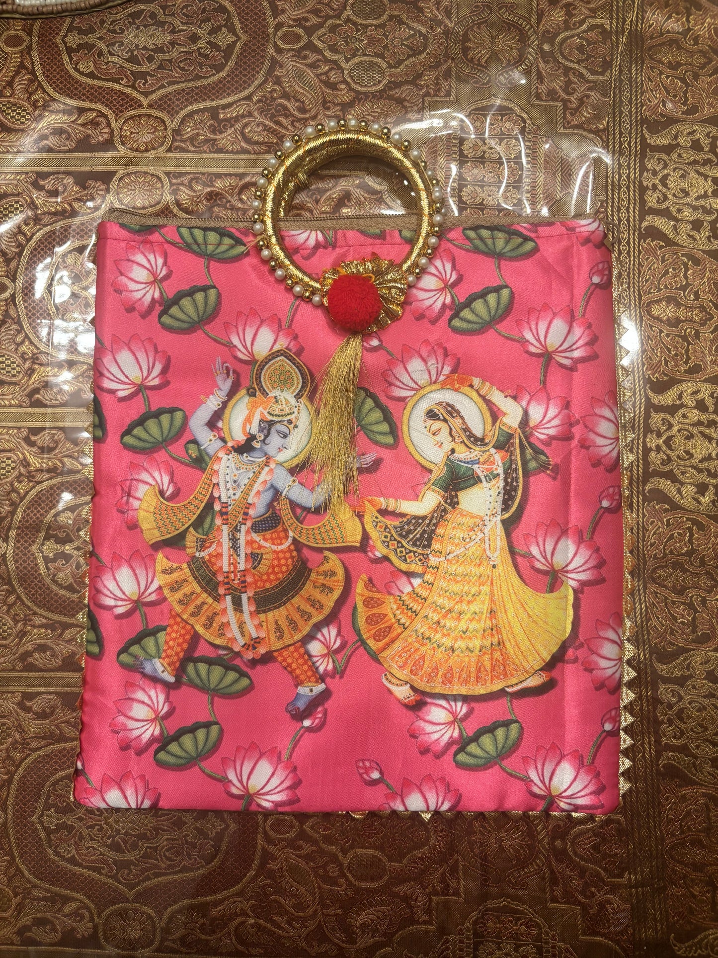 Vrindavan Radha Krishna Eternal Divine Lovers Two-Sided Unique Silk Handbag with Bangle Handle