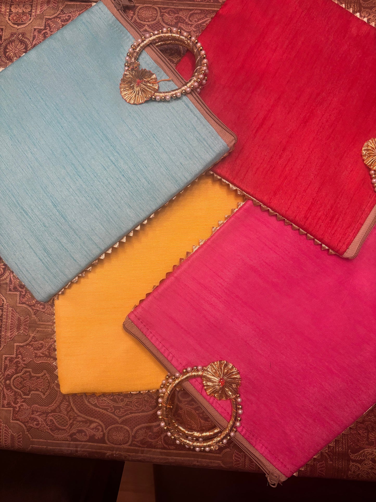 Vrindavan Radha Krishna Eternal Divine Lovers Two-Sided Unique Silk Handbag with Bangle Handle