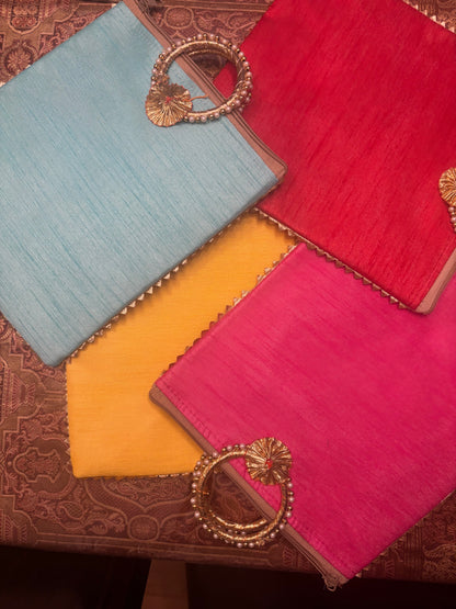 Vrindavan Radha Krishna Eternal Divine Lovers Two-Sided Unique Silk Handbag with Bangle Handle