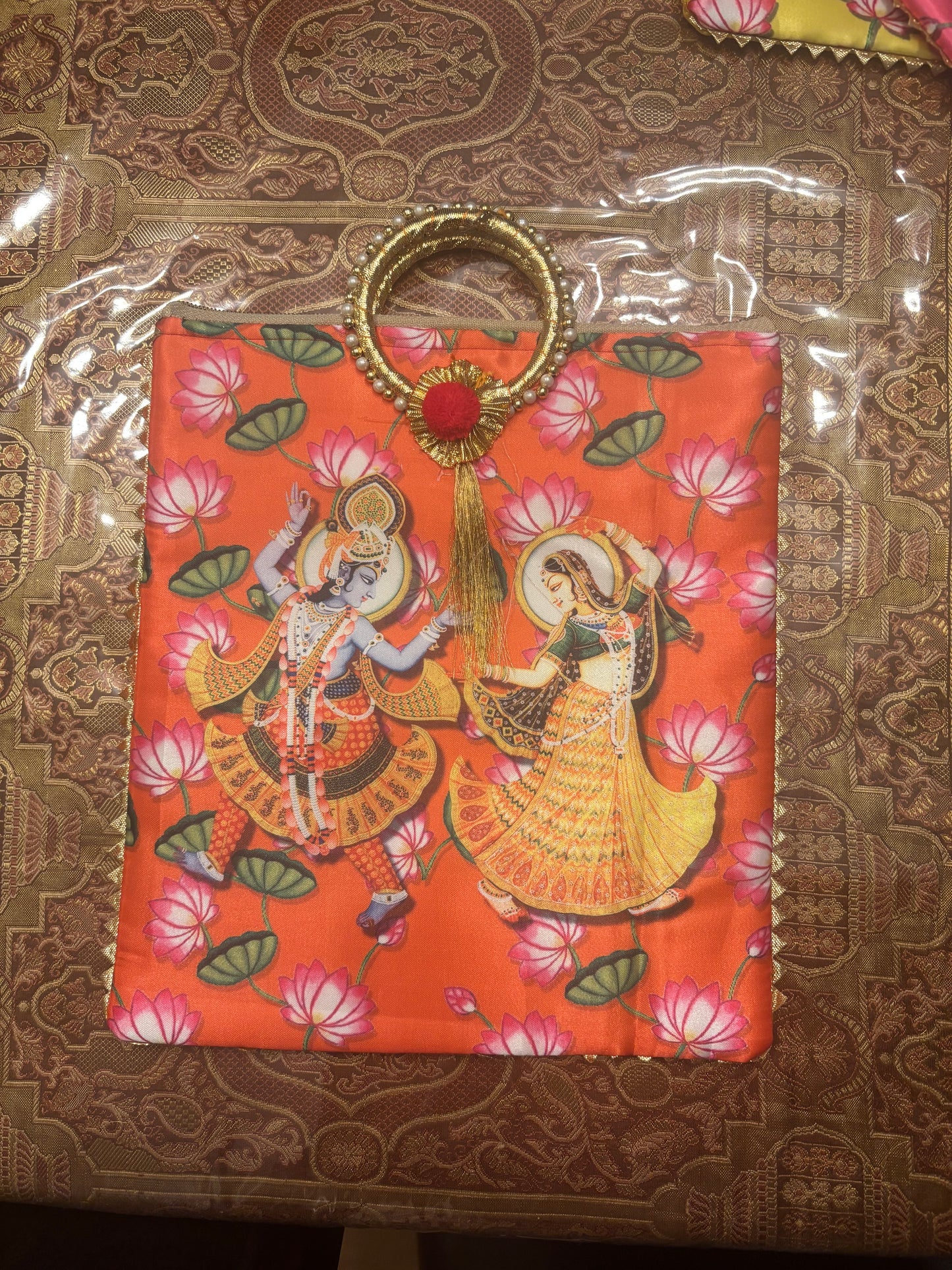 Vrindavan Radha Krishna Eternal Divine Lovers Two-Sided Unique Silk Handbag with Bangle Handle