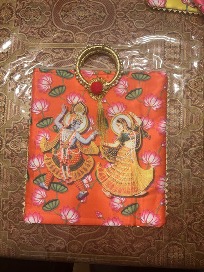 Vrindavan Radha Krishna Eternal Divine Lovers Two-Sided Unique Silk Handbag with Bangle Handle