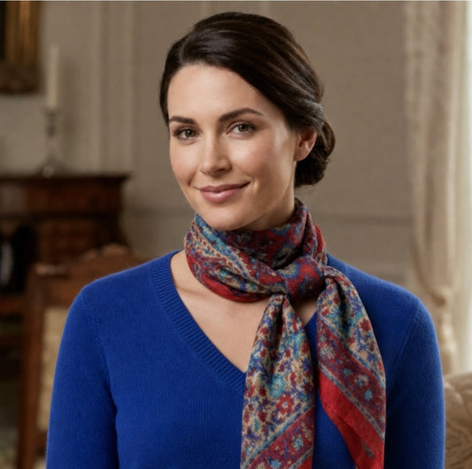 Red and blue 100% Pure Silk Paisley Printed Scarf