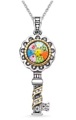 Multi Color Murano Style Austrian Crystal Key Pendant Necklace in Oxidized Stainless Steel