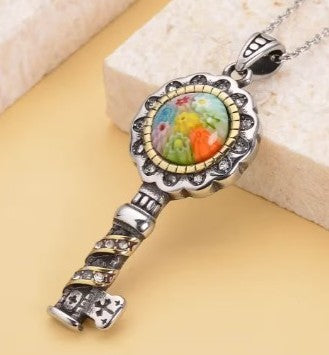 Multi Color Murano Style Austrian Crystal Key Pendant Necklace in Oxidized Stainless Steel