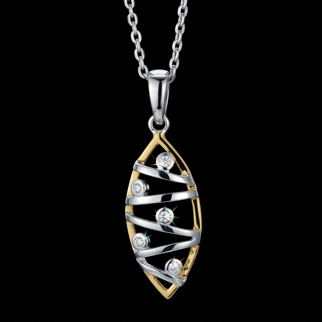 Raindrops on Leaf Cubic Zircon Two-Tone 925 Sterling Silver Pendant with Gold finish