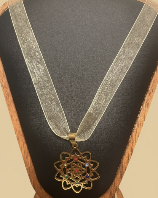 Flower Mandala Pendant with 7 Cubic Zirconia Chakra Stones on Beige Gold Ribbon Necklace