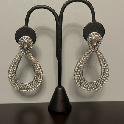Wire Mesh with Cubic Zircon Teardrop Shaped Earrings in Silver Finish