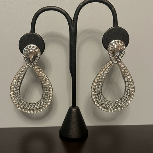 Wire Mesh with Cubic Zircon Teardrop Shaped Earrings in Silver Finish