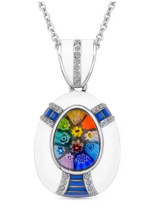 Multi Color Murano Style Austrian Crystal Enameled Pendant Stainless Steel Necklace