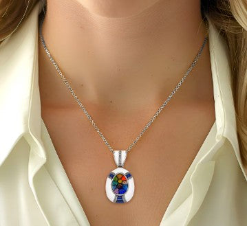 Multi Color Murano Style Austrian Crystal Enameled Pendant Stainless Steel Necklace