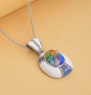 Multi Color Murano Style Austrian Crystal Enameled Pendant Stainless Steel Necklace