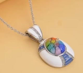 Multi Color Murano Style Austrian Crystal Enameled Pendant Stainless Steel Necklace