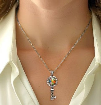 Multi Color Murano Style Austrian Crystal Key Pendant Necklace in Oxidized Stainless Steel