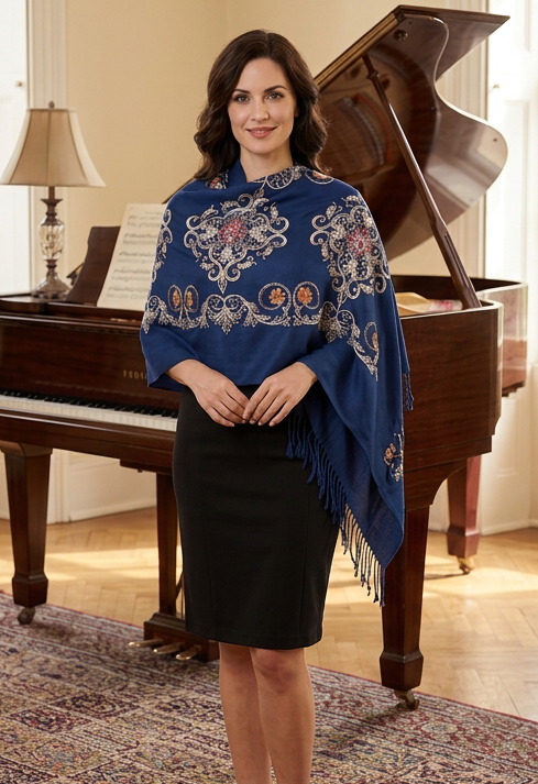 Midnight Blue Baroque Embroidered Lightweight Scarf Shawl Wrap
