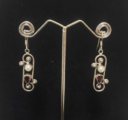 Brilliant Cut Garnet with Cultured Pearl Dangling 925 Sterling Silver Earrings