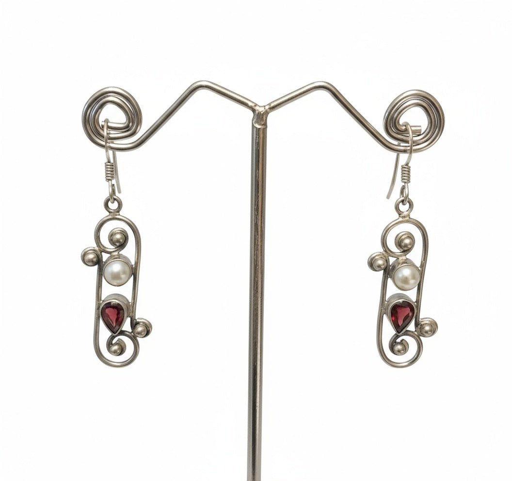 Brilliant Cut Garnet with Cultured Pearl Dangling 925 Sterling Silver Earrings