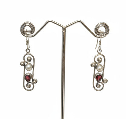 Brilliant Cut Garnet with Cultured Pearl Dangling 925 Sterling Silver Earrings