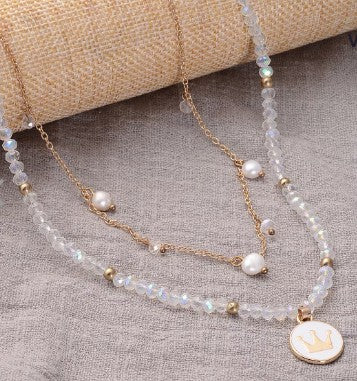 Elegant Freshwater Pearl with White Mystic Color Glass 2 Row Layered 20" Necklace with Crown Coin Charm in Gold Tone