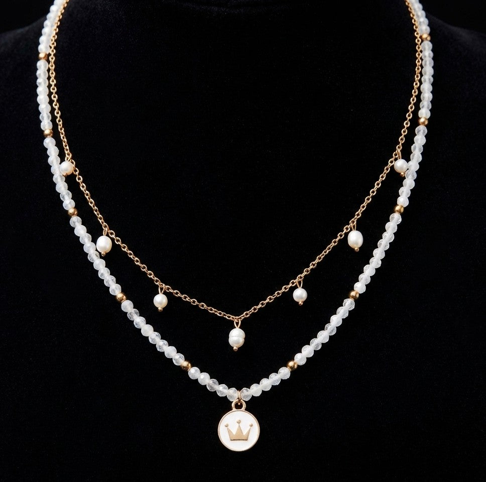 Elegant Freshwater Pearl with White Mystic Color Glass 2 Row Layered 20" Necklace with Crown Coin Charm in Gold Tone