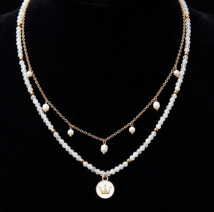 Elegant Freshwater Pearl with White Mystic Color Glass 2 Row Layered 20" Necklace with Crown Coin Charm in Gold Tone